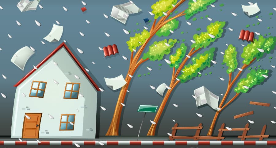 Representation of a storm impacting a residence and surrounding environment
